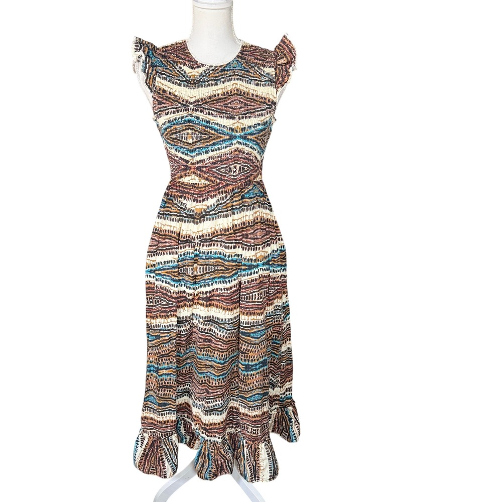 Hunter Bell Hayward Cotton Smocked Midi Dress Ikat Print Women's Medium Boho EUC
